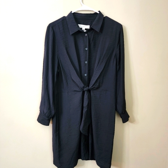 Loft Black Half Button-Up Dress Knot Tie Waist Longsleeves Size 12P - Picture 1 of 7